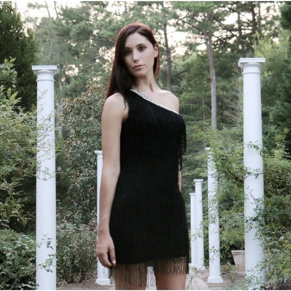 ArkCo | Anthropologie One Shoulder Dress Womens Size M Black Fringe Gatsby Mini - Picture 6 of 11